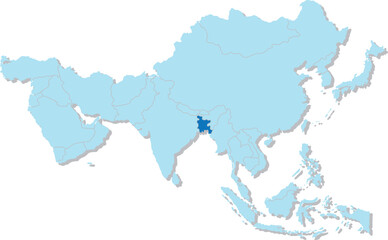 Highlighted blue map of BANGLADESH inside light blue 3D blank political map of Asia orthographic projection on transparent background, without Russia