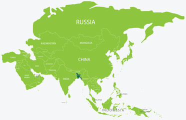 Obraz premium Highlighted green map of BANGLADESH inside light green political map of Asia using orthographic projection on light blue background