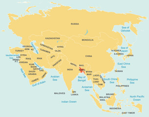 Naklejka premium Highlighted red map of BANGLADESH inside orange detailed tagged map of Asia using orthographic projection on blue background