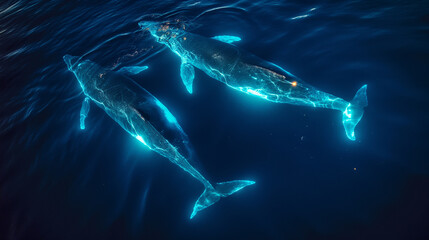 Fototapeta premium Bioluminescent whales swimming in deep ocean mystery and awe