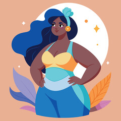 Fototapeta premium Dark-skinned Girl plus size body positive with dark hair wearing tracksuit on sandy background
