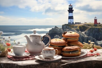 Tea at the Lighthouse: Coastal scene with tea and coastal-themed pastries near a lighthouse.