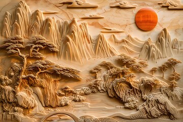 A paper quilling landscape scene, such as a mountain range, a forest, or a seascape, and is made entirely out of paper. Trees, flowers, mountains, and bodies of water, with each detail.