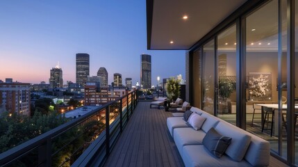 A balcony overlooking a city with a view of the skyline