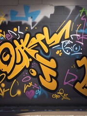 Abstract illustration graffiti background on the wall, irregular graffiti with golden yellow painting, black marker graffiti, roadside painting art