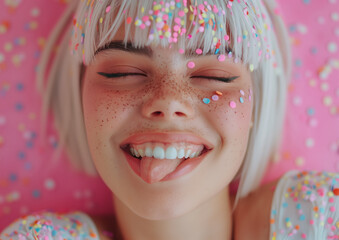 A cheerful girl with a confetti decorated face has her eyes closed and is laughing, enjoying the moment. Generative AI