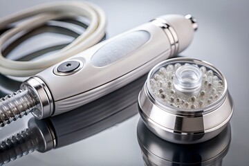 Close-up of microdermabrasion machine's handheld device with fine crystal dust and vacuum hose, ready for non-invasive exfoliating skin treatment on a sleek modern background.