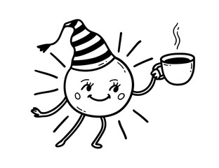 Line art vector illustration of cute sun character with cup of coffee wearing sleeping cap