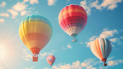 Naklejka premium Hot air balloons on the sky in the morning, Magical view with hot air balloons, Colorful hot air balloons in blue sky, Colorful hot air balloons flying in blue sky, Few colorful, hot air balloons 