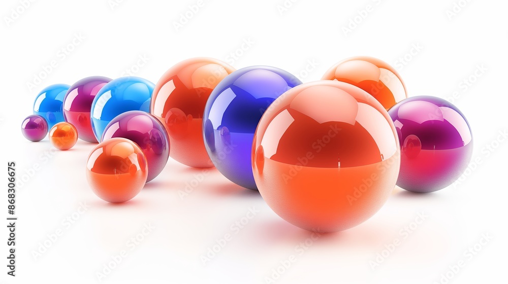 Poster a row of colorful spheres, some of which are orange and blue. the spheres are arranged in a line, wi