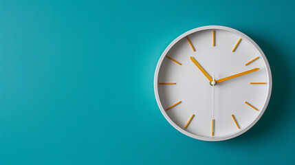 Part of white wall clock with yellow second hand hanging on wall. Close up image of plastic wall clock over turquiose blue background with copy space. Photo of time management or time is going concept