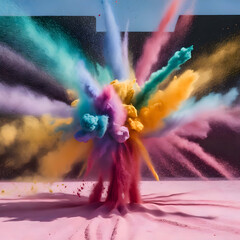 Colored powder explosion. Abstract closeup dust on backdrop. Colorful explode.