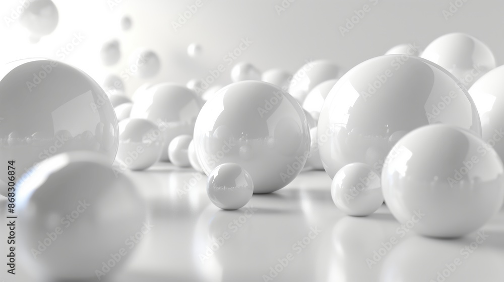 Poster a bunch of white spheres are scattered across a white background. the spheres are all different size
