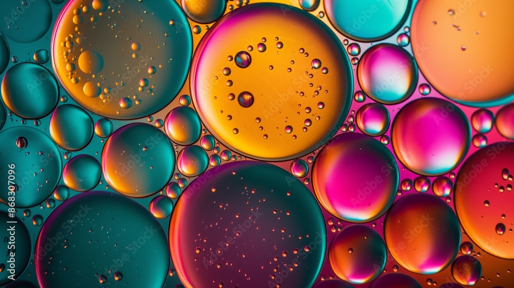 Poster a colorful image of many small bubbles with a variety of colors. the bubbles are floating in a liqui