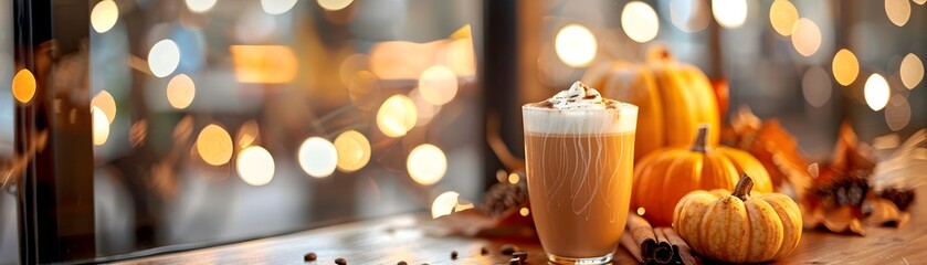 Cozy Autumn Pumpkin Spice Latte in a Warm Coffee Shop Setting with Festive Decor