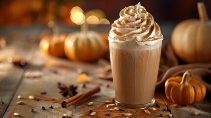 Warm and Cozy Pumpkin Spice Latte with Festive Autumn Accents
