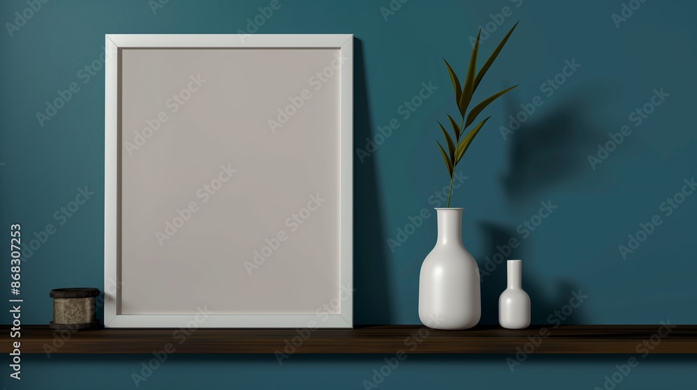 Poster a white frame with a picture of a plant in a vase sits on a shelf. the shelf is made of wood and is 