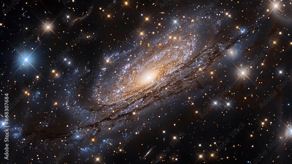 Poster mesmerizing view of a barred spiral galaxy with distinct star formations and cosmic dust generative 