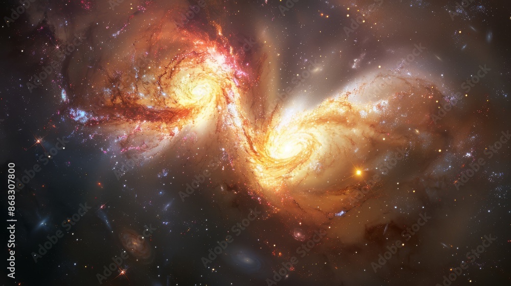 Poster galaxy merging with another, creating a spectacular display of cosmic activity generative ai
