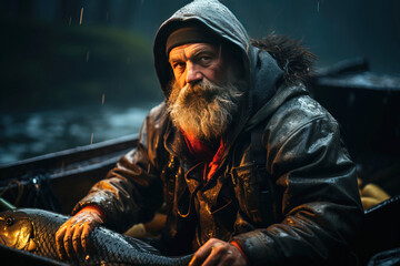 Obraz premium A fisherman at sunset uses a spinning rod to catch fish in a stormy river or lake.