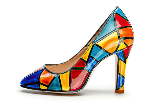 Single high-heeled shoe with a colorful stained glass pattern, highlighting artistic design and vibrant style, perfect for unique fashion statements and special occasions.