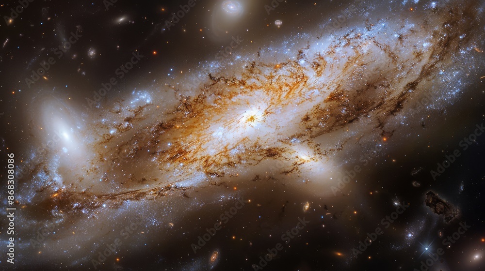 Poster galaxy merging with another, creating a spectacular display of cosmic activity generative ai