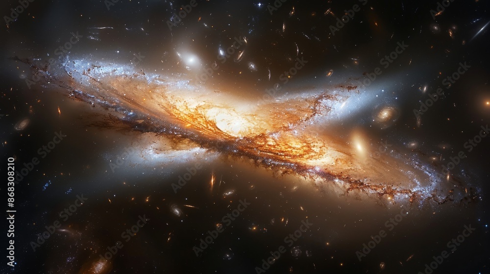 Poster galaxy merging with another, creating a spectacular display of cosmic activity generative ai