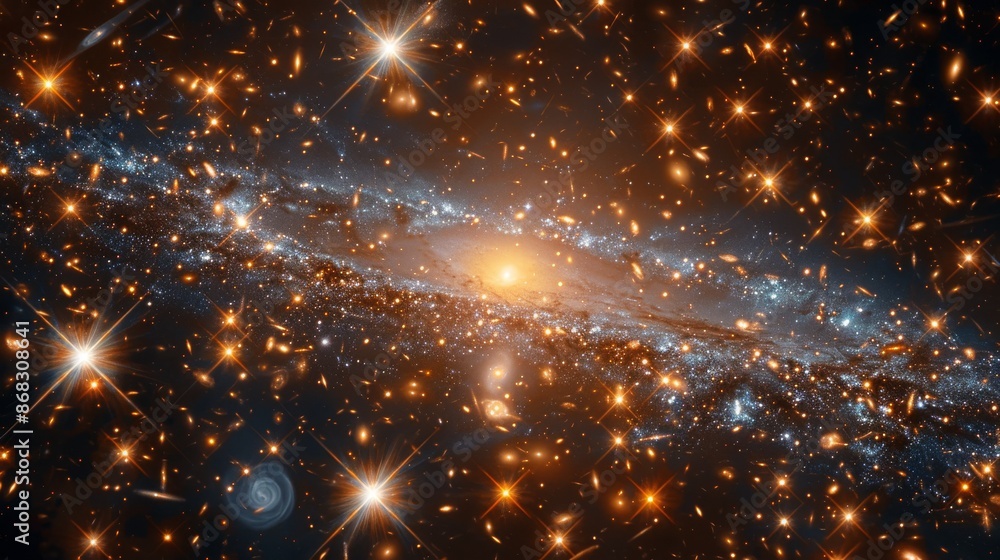 Poster elliptical galaxy surrounded by countless stars and distant nebulae generative ai