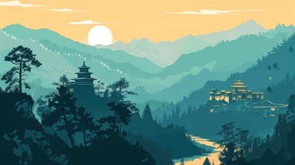 Illustration of beauty landscape mountain and cottage view © Michelle