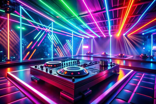 Vibrant neon lights illuminate a foggy night club scene,perfect for a hot music album cover,with a sleek DJ console and dynamic abstract shapes in the background.