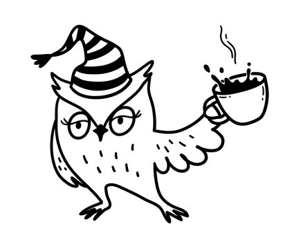 recommend clip art: Line art vector illustration of cute morning owl character wearing sleeping cap with cup of coffee