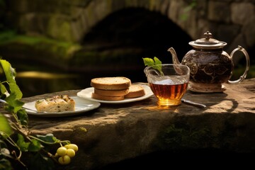 Fototapeta premium Tea on the Stone Bridge: Classic tea and crumpets on a stone bridge over a tranquil stream.