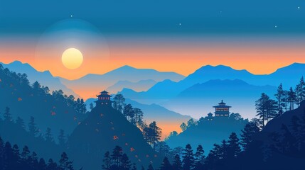 Scenic Illustration of a Mountain Landscape with a Cozy Cottage