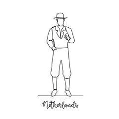 One continuous line drawing of Netherlands traditional clothes vector illustration. Traditional fashion country themes design with simple linear continuous line concept. Traditional fashion education