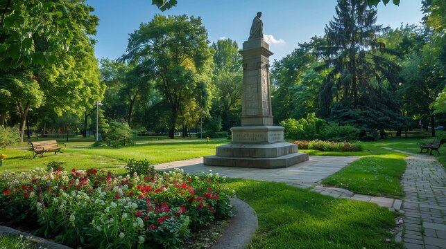 A park with a statue and a bench