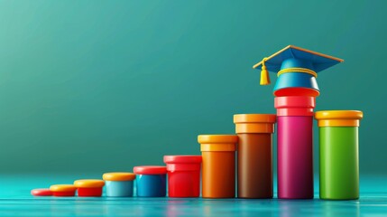 Colorful educational growth chart with a graduation cap, symbolizing academic achievement and progress on a vibrant background.