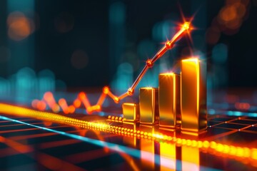 Golden bar graph and rising line chart representing financial growth, success, and data analytics with bokeh background.