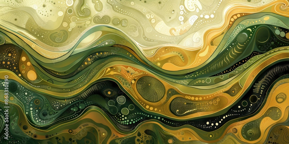 Aufkleber a textured abstract digital painting with flowing green and yellow waves, creating a fluid motion ef