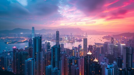 A city skyline with a beautiful sunset in the background