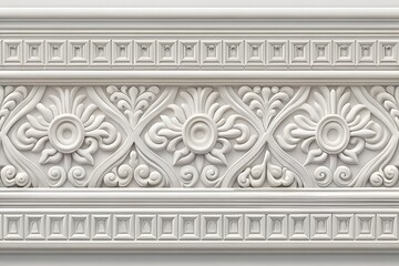 Seamless pattern of white classic mold cornice with classic meander ornament for interior wall design. Repeating gypsum plaster frieze for ceiling decoration frame