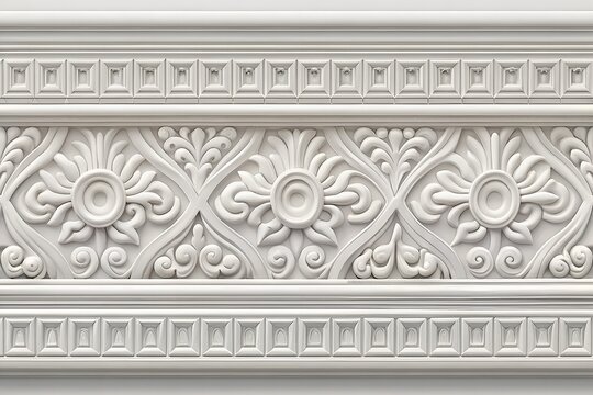 Fototapeta Seamless pattern of white classic mold cornice with classic meander ornament for interior wall design. Repeating gypsum plaster frieze for ceiling decoration frame