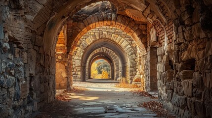 Fototapeta premium A long, narrow tunnel made of stone