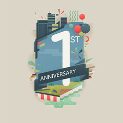 Obraz premium 1 Year anniversary vector poster. 1 year anniversary solid stylish poster on light white background. Anniversary card for corporation.