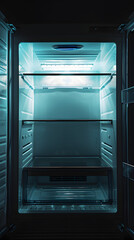 Obraz premium Open empty refrigerator Refrigerator open empty fridge inside interior Close up on empty refrigerator with door open New clean refrigerator&nbsp;