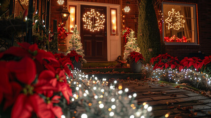 Traditional front garden christmas lighting decor fairy lights wreath trees festive winter holiday home entrance outdoor decorations welcoming magical scene evening glow red seasonal night ambiance 