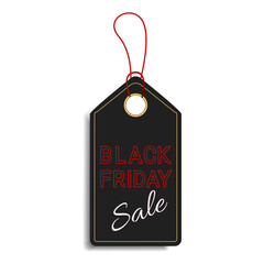 Black Friday big hot sale label with rope. holiday price tag for End of November Weekend. Discount shop badge for sale, discount, special offer. vector illustration isolated on white background.