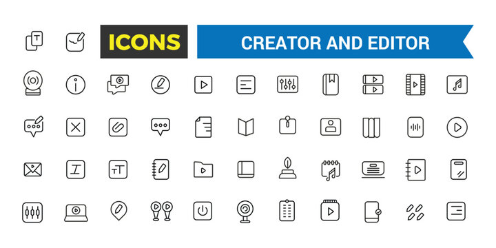 Creator and Editor icons collection. Set of editor icons for ui design isolated. Outline icons pack. Editable vector icon set and illustration for web and UI.