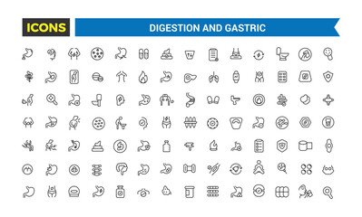 Digestion and Gastric icons collection. Outline icons pack. Editable vector line icon set and illustration for web and UI application.
