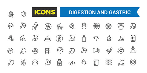 Digestion and Gastric icons collection. Outline icons pack. Editable vector line icon set and illustration for web and UI application.