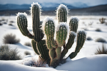 Close-up of a cactus plant amidst falling snow